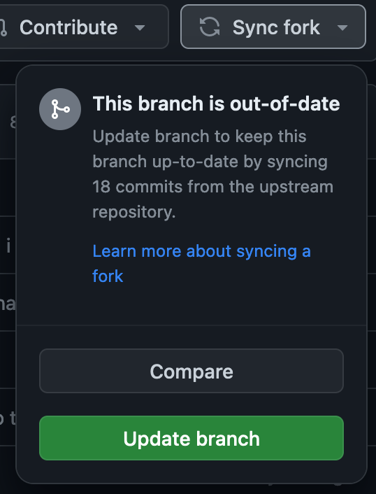 A button labeled "Sync fork" and a drop-down below it that says "This branch is out-of-date" and has two buttons at the bottom labeled "Compare" and "Update branch".